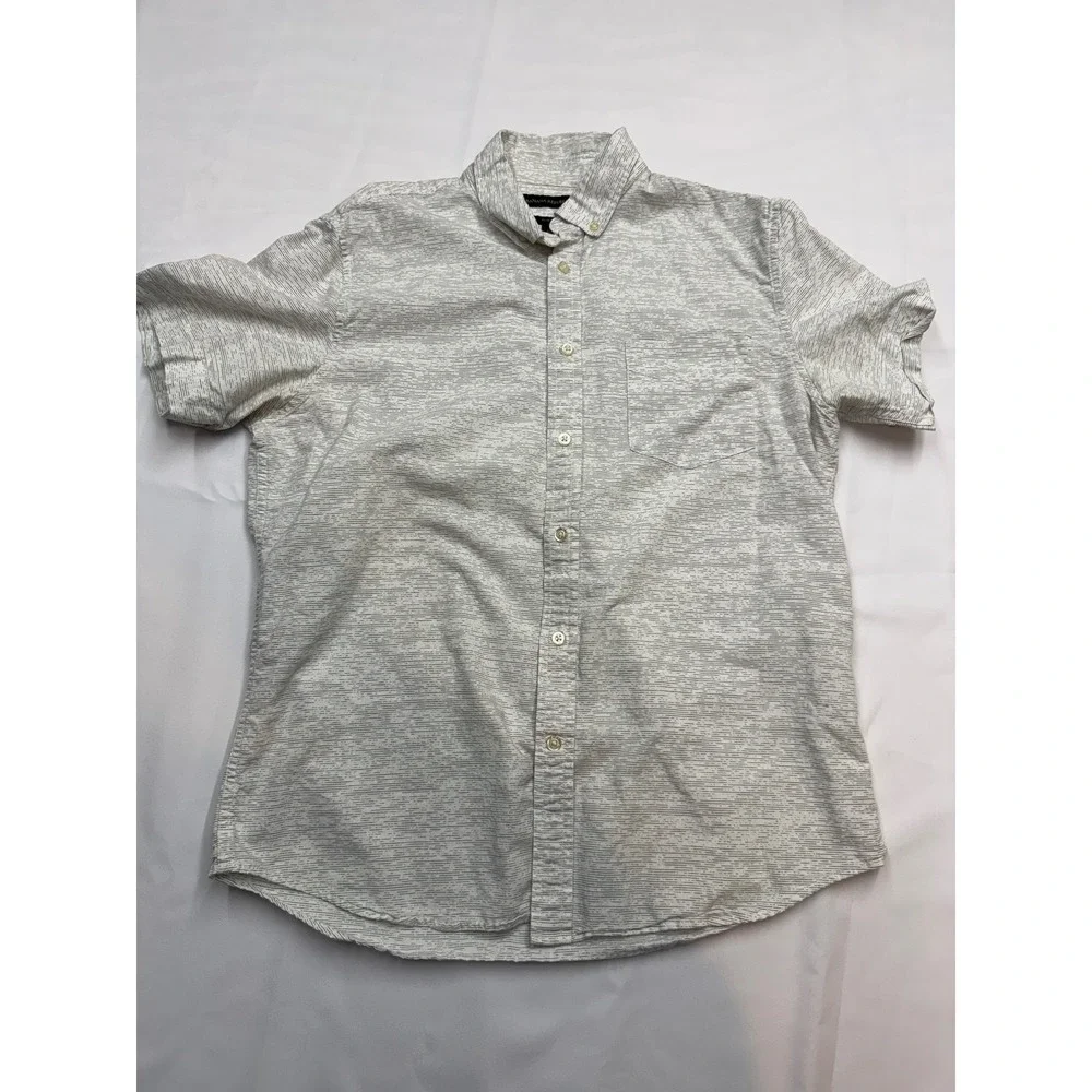 BANANA REPUBLIC Mens Slim Fit Gray White Patterned Short Sleeve Button UP Shirt